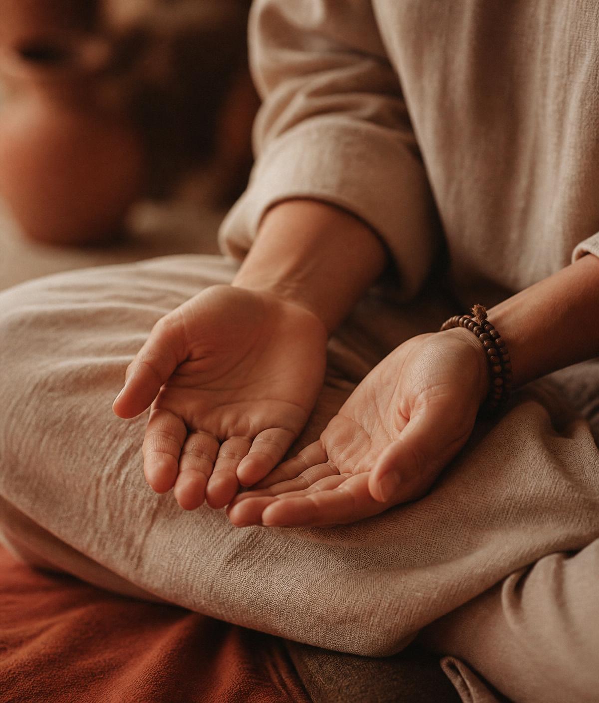 Open hands resting in a seated meditation posture