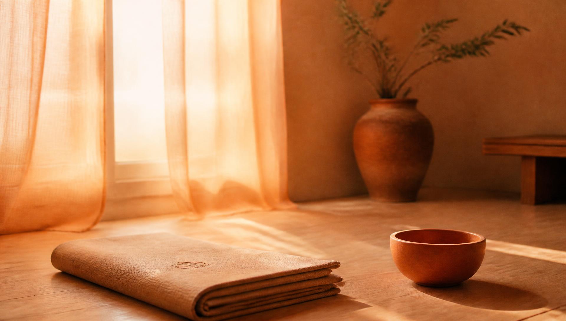 Sunlit practice room with a folded linen mat and a clay bowl