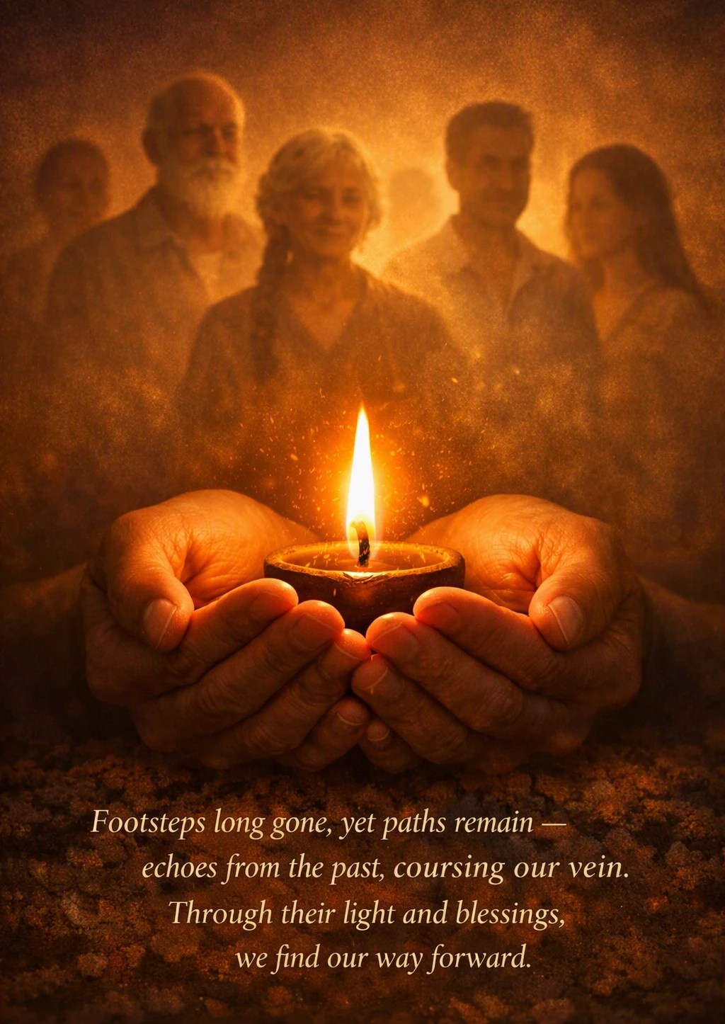 Two hands gently cupping a small flame, with faint ancestral silhouettes in the background. Text reads: Footsteps long gone, yet paths remain — echoes from the past, coursing our vein. Through their light and blessings, we find our way forward.